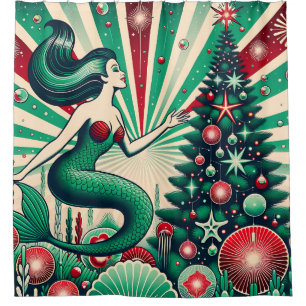 Rideaux De Douche "Vintage Sirène Noël Rouge & Green Wonderland"