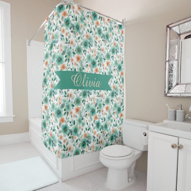 Rideaux De Douche Vintage Spring Green Floral Personalized (En situation)