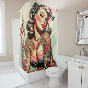 Rideaux De Douche Vintage Tattoo Old School Pin-up