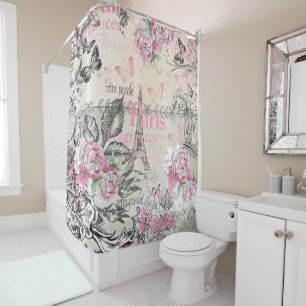 Rideaux De Douche Vintage typo noir rose floral Paris Tour Eiffel