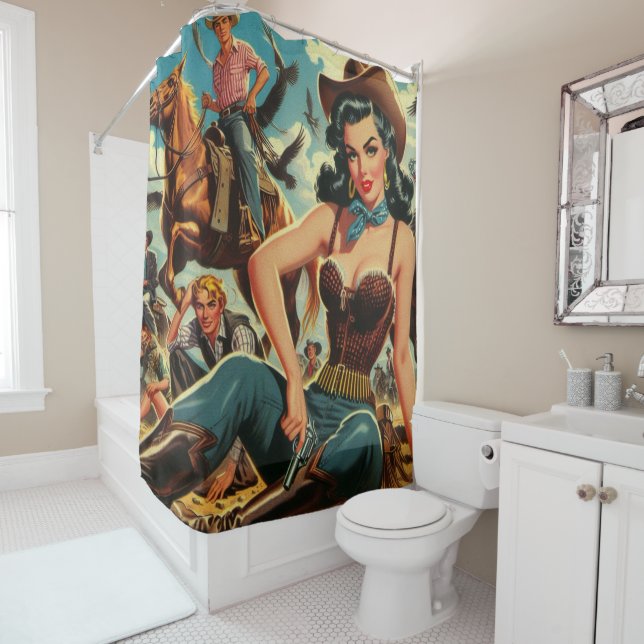 Rideaux De Douche Vintage Western Country Girl (En situation)