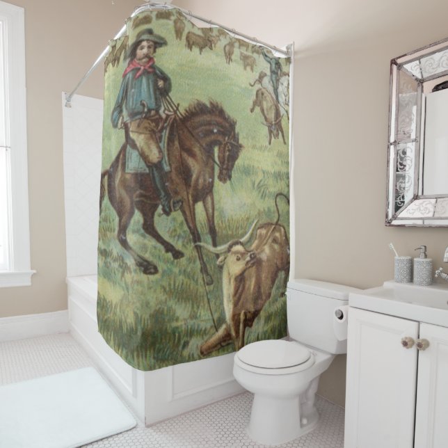 Rideaux De Douche Vintage Western Cowboy Roping A Steer (En situation)
