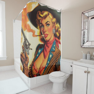 Rideaux De Douche Vintage Western Cowgirl Pin Up