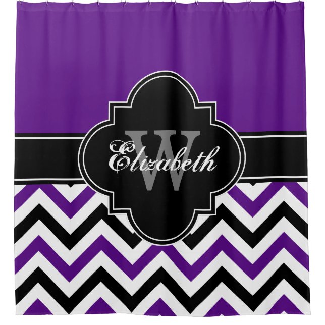 Rideaux De Douche Violet blanc noir LG Chevron 1ICBR Nom Monogramme (Devant)