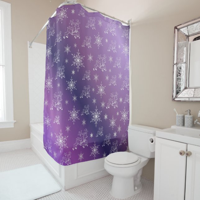 Rideaux De Douche violet, rennes, étoile, étoiles, flocon de neige,  (En situation)