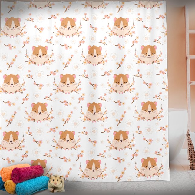 Rideaux De Douche Visage de hamster mignon et motif de fleurs roses  (Créateur téléchargé)