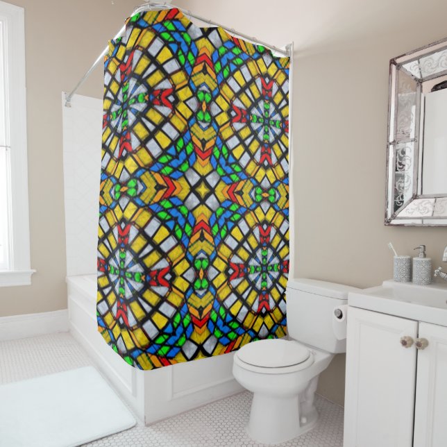 Rideaux De Douche Vitrail jaune, rouge et bleu (En situation)