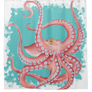 Rideaux De Douche Vitrail rouge octopus Turquoise