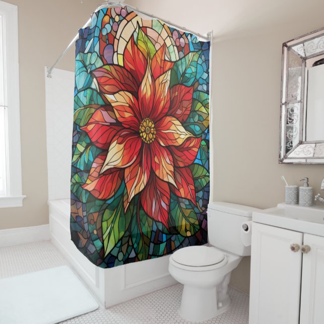 Rideaux De Douche Vitraux de Noël Fleur rouge Poinsettia (En situation)