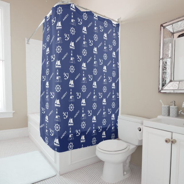 Rideaux De Douche Voile Motif Rpt Illustré Blanc+Bleu Marine (En situation)
