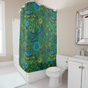 Rideaux De Douche Voler, voler la libellule sur le vert émeraude