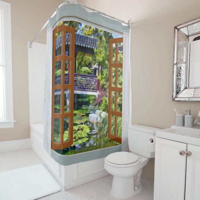 Rideaux De Douche Vue de fenêtre de jardin chinois (En situation)
