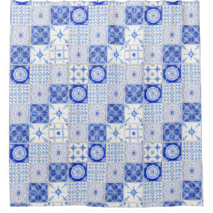 Rideaux De Douche Watercolor Farmhouse Vintage Blue White Tile Art