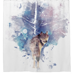 Rideaux De Douche Watercolor Grey Wolf Faune Animal Nature Art