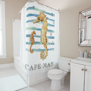 RIDEAUX DE DOUCHE WATERCOLOR SEAHORSE, VILLE DE PLAGE, CAP