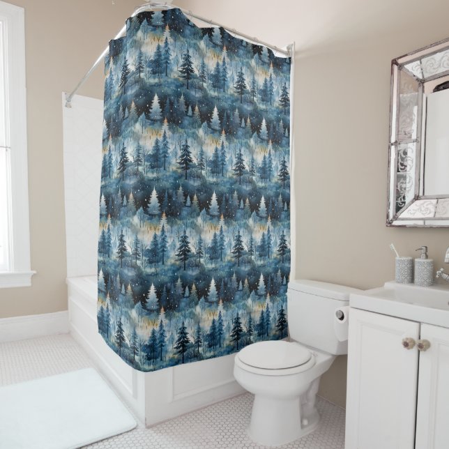 Rideaux De Douche Watercolor Whimsical Winter Wonderland Christmas (En situation)