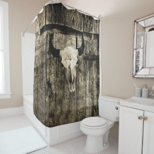 Rideaux De Douche Western Bull Skull Wood Barn Russe Sepia Vintage