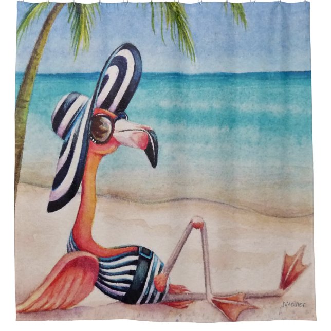 Rideaux De Douche Whimsical Beach Babe Flamant rose No. 1 Aquarelle  (Devant)