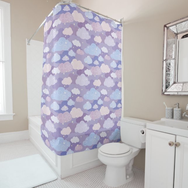 Rideaux De Douche Whimsical Pastel Clouds et étoiles Motif (En situation)