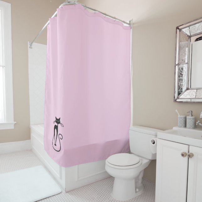 Rideaux De Douche Whimsical Skinny Chat noir rose (En situation)