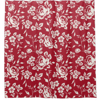 Rideaux De Douche White flowers silhouette on red background. Seamle
