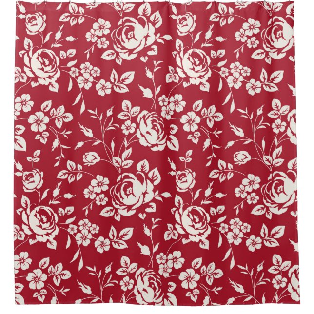 Rideaux De Douche White flowers silhouette on red background. Seamle (Devant)