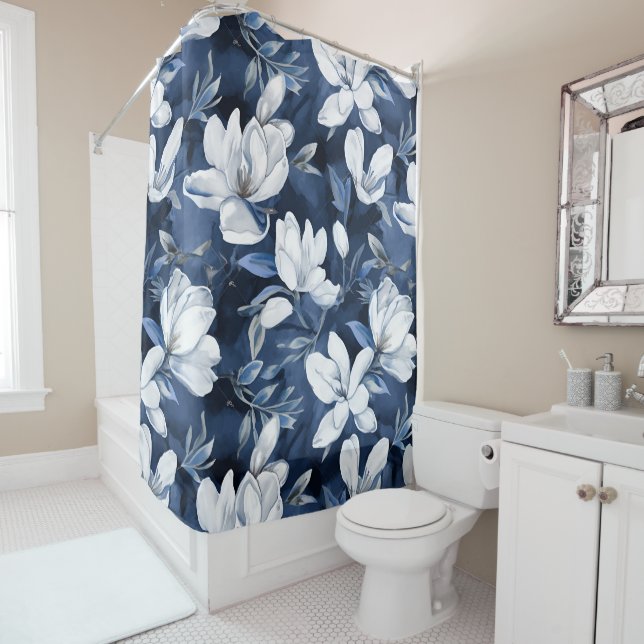 Rideaux De Douche White Magnolia Motif sur l'arrière - plan de minui (En situation)