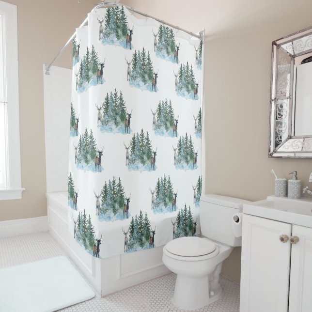 Rideaux De Douche White Winter Wonderland Forest Antlers Pine Trees (En situation)
