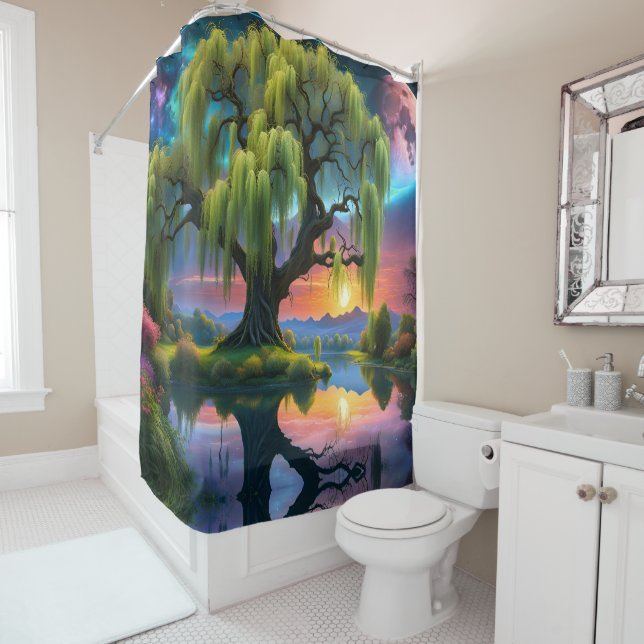 Rideaux De Douche Willow tree under Pleine lune N Starry ciel Sunset (En situation)