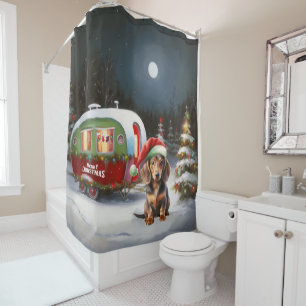 Rideaux De Douche Winter Dachshund Caravan Christmas Adventure