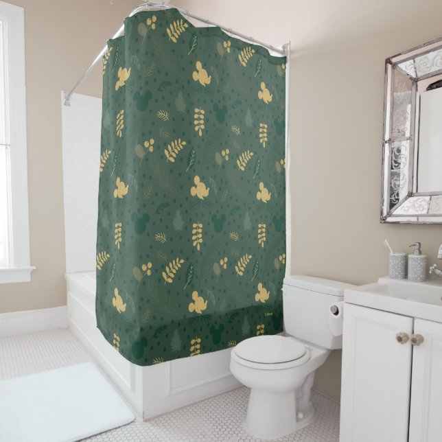 Rideaux De Douche Yuletide Joy | Mickey Green & Gold Holiday Motif (En situation)