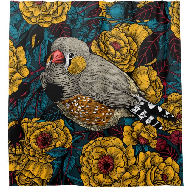 Rideaux De Douche Zebra finch et buisson rose (Devant)