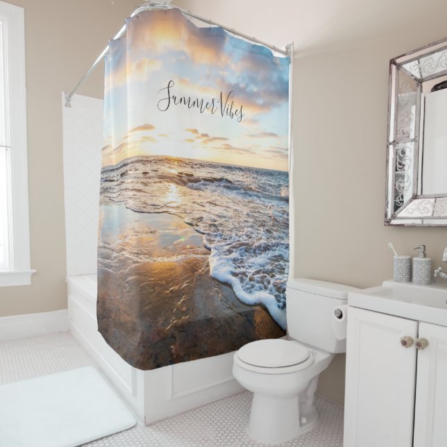 Rideaux De Douche Zen Beach Sunset Ocean Waves (En situation)