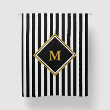 Élégant Monogramme noir blanc et or rayé
