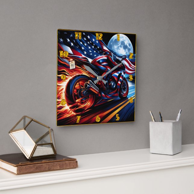 Rider blazing down the highway with American pride Square Wall Clock (Office)