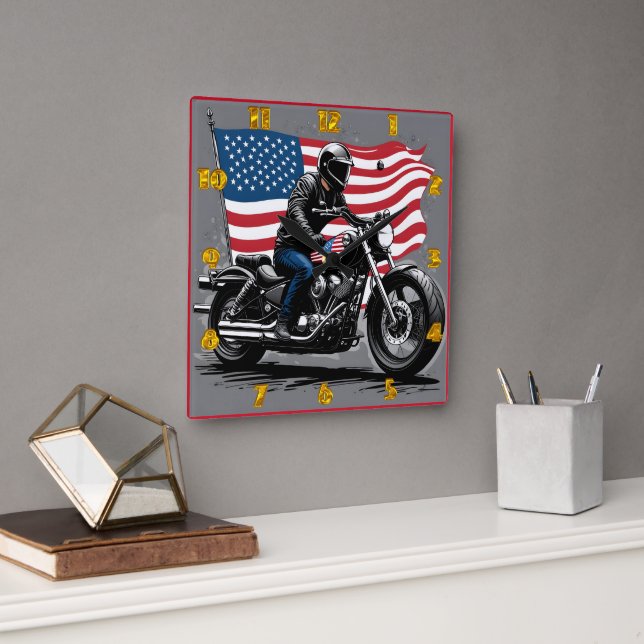 Rider cruising with pride under the American flag Square Wall Clock (Office)