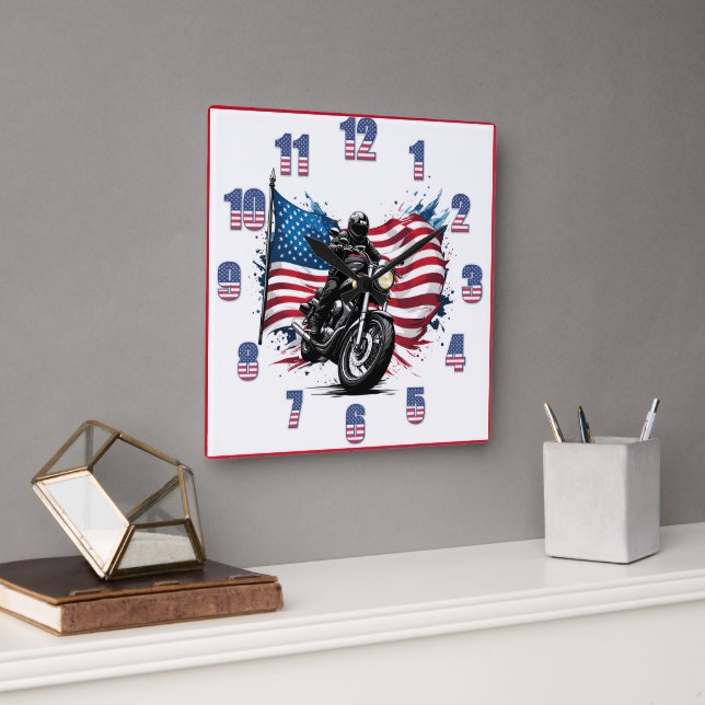Rider with vibrant American flag Square Wall Clock (Office)