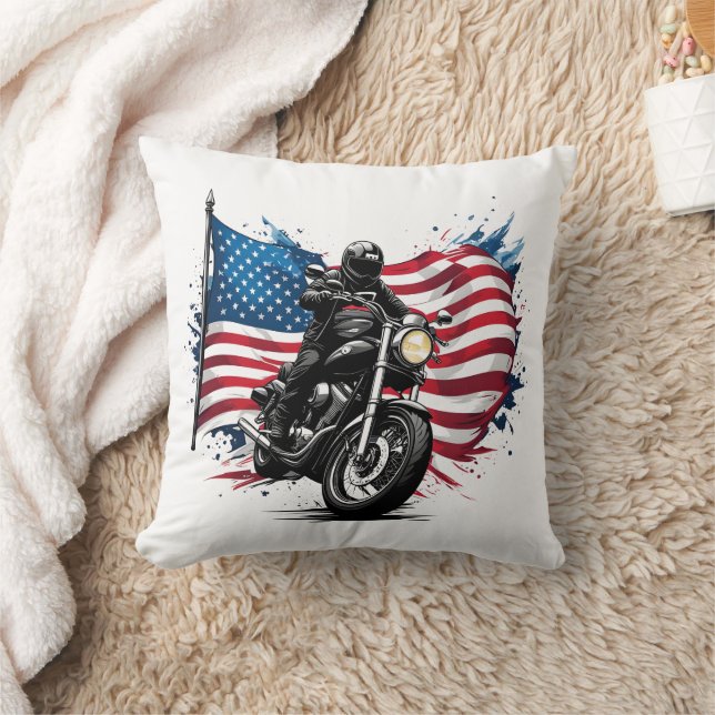 Rider with vibrant American flag Throw Pillow (Blanket)