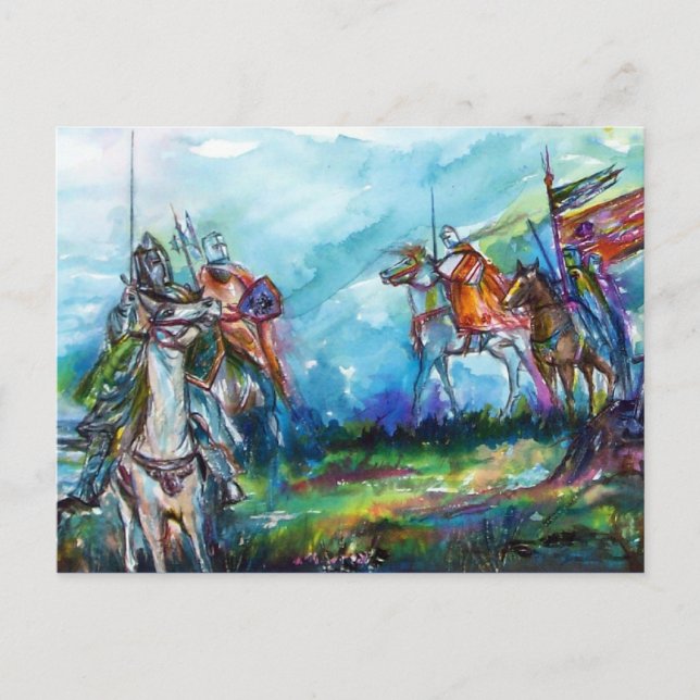 RIDERS IN THE STORM Medieval Knights Blue Postcard (Front)