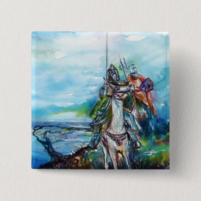 RIDERS IN THE STORM Medieval Knights Horseback 2 Inch Square Button (Front)