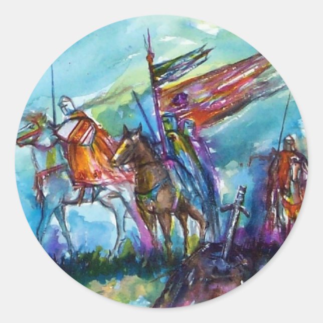 RIDERS IN THE STORM Medieval Knights Horseback Classic Round Sticker (Front)