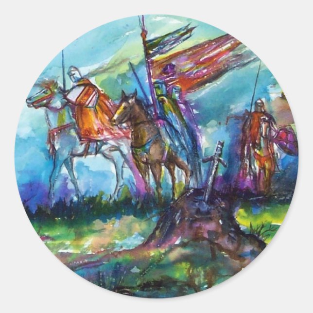 RIDERS IN THE STORM Medieval Knights Horseback Classic Round Sticker (Front)