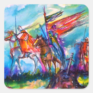 RIDERS IN THE STORM Medieval Knights Horseback Square Sticker