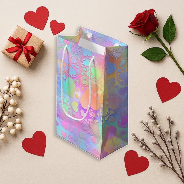 ridescent Pastel Heart Holographic Pattern Small Gift Bag (Creator Uploaded)