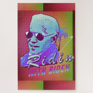 Ridin' With Biden Synthwave Outrun Retro Palm Tree Jigsaw Puzzle