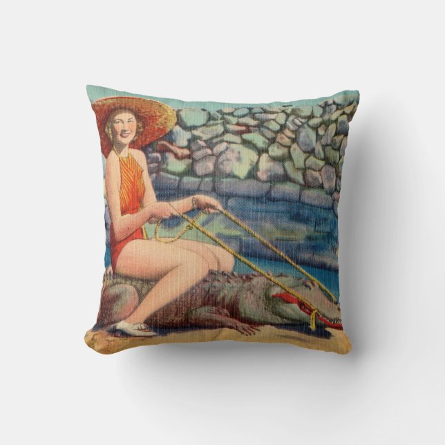Riding a Gator Throw Pillow (Front)