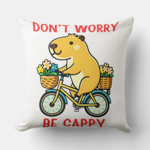 Riding Bike Happy Flowers Kawaii Capybara Throw Pillow
