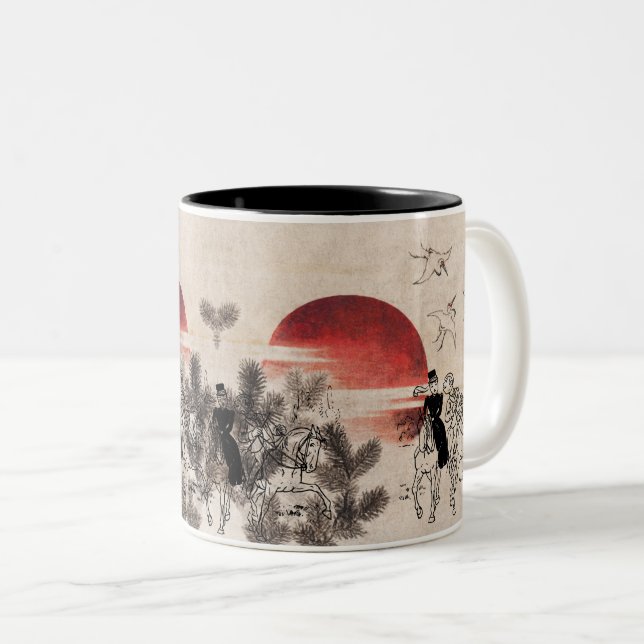 Riding Couple and Bird Sketch at Sunset Two-Tone Coffee Mug (Front Right)