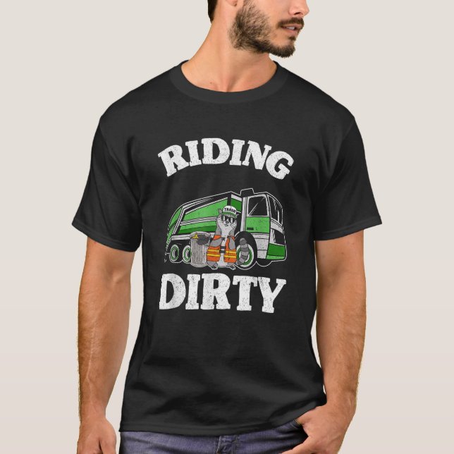 Riding Dirty Garbage Truck Trash Can Raccoon T-Shirt (Front)