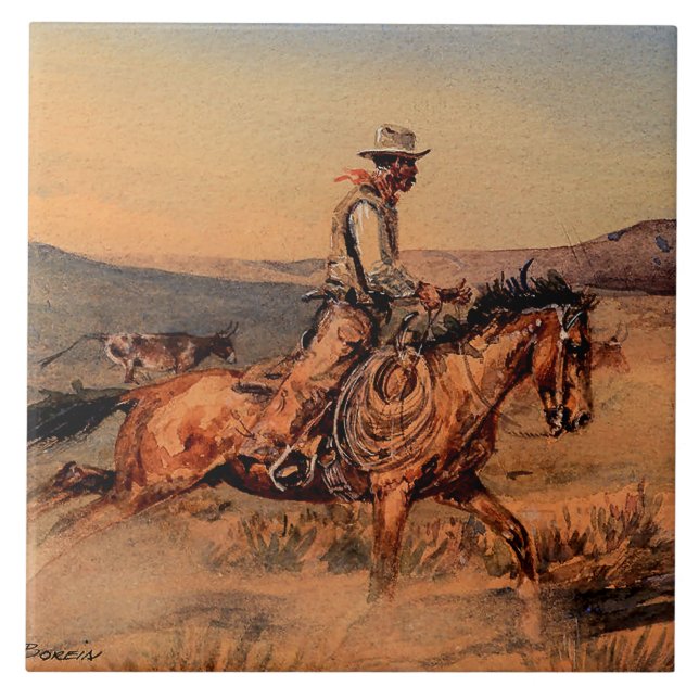 “Riding Herd” Western Art by Edward Borein Tile (Front)